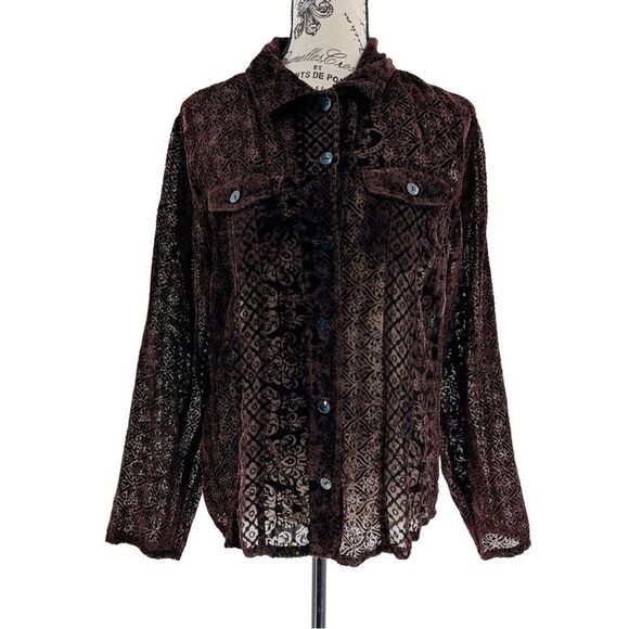 Chico's Sheer Velvet Geometric Long Sleeve Button Down Shirt Blouse Top Size 2 - Picture 10 of 10